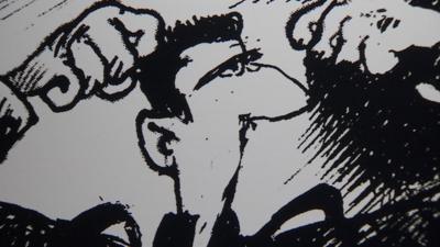 Black and white cartoon of Bashar al-Assad