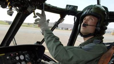 Prince William in a Sea King helicopter