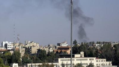 Smoke rises from the site of heavy shelling in the Jobar neighbourhood of Damascus