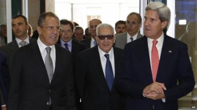 Sergei Lavrov, Lakhdar Brahimi and John Kerry on Friday 13 September