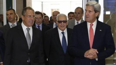 Sergei Lavrov, Lakhdar Brahimi and John Kerry on Friday 13 September