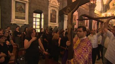 Christians in Greek Orthodox church in Damascus