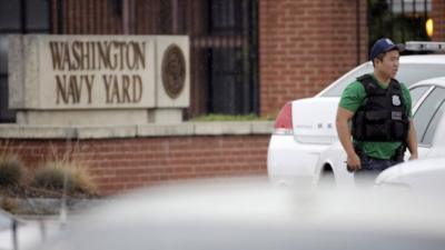 A law enforcement officer outside the Washington Navy Yard