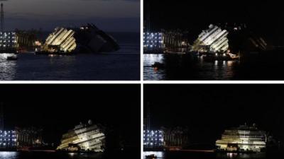 A combination photo shows the capsized cruise liner Costa Concordia during and at the end of the operation