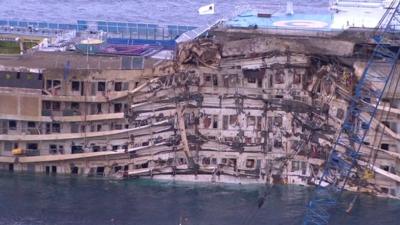 Damaged side of the Costa Concordia wreck