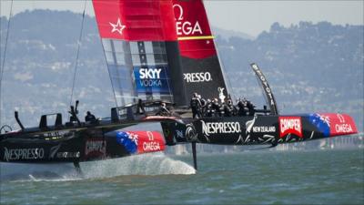 Emirates Team New Zealand races down wind during the 34th America's Cup in San Francisco.