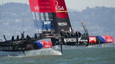 Emirates Team New Zealand races down wind during the 34th America's Cup in San Francisco.