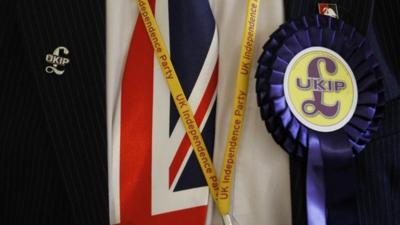 Delegate wearing UKIP badges and Union Jack tie