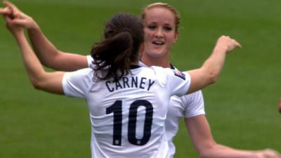 Karen Carney scores a spectacular goal as she nets a first half hat-trick in England's World Cup qualifier against Belarus in Bournemouth.