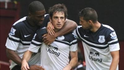 Leighton Baines (centre) celebrates with Sylvain Distin and Kevin Mirallas