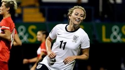 Toni Duggan of England celebrates scoring against Turkey