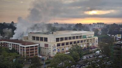 Dawn breaks over the still-smoking Westgate Mall in Nairobi, Kenya,