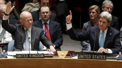 William Hague and John Kerry vote at UN Security Council