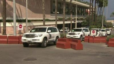 UN chemical weapons inspectors' cars leaving a Beirut hotel, 1 October 2013.