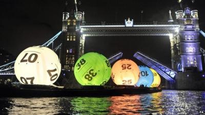 Lottery balls floating down the River Thames