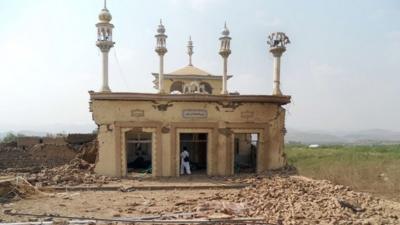 A badly damaged mosque after an attack by militants on the compound of Nabi Hanafi in north-western Pakistan