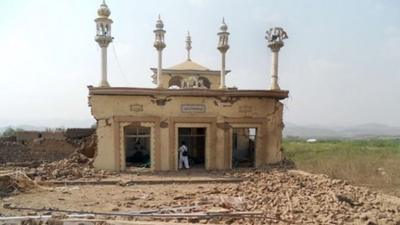 A badly damaged mosque after an attack by militants on the compound of Nabi Hanafi in north-western Pakistan