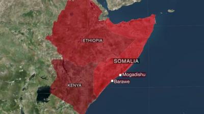 Map depicting Barawe, Somalia