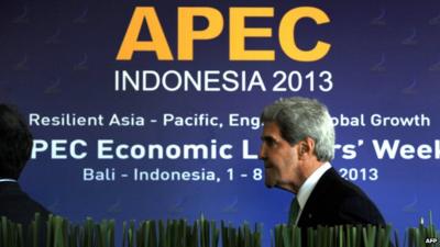 US Secretary of State John Kerry in front of Apec summit sign