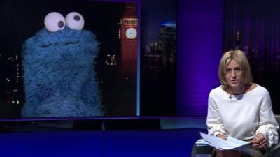 Emily Maitlis talking to Cookie Monster