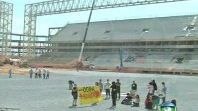 Protesters in the Arena Pantanal, in the western city of Cuiaba