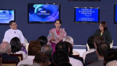 (L) Minister for Economic Reforms, U Soe Thane, (c) Burmese opposition MP Aung San Suu Kyi, (R) Burmese political activist, Zin Mar Aung