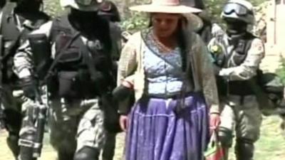 A woman who took part in protests is taken away by riot police