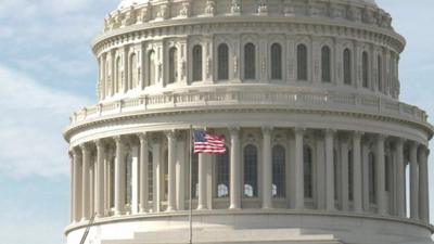 A flag flies on the Capitol