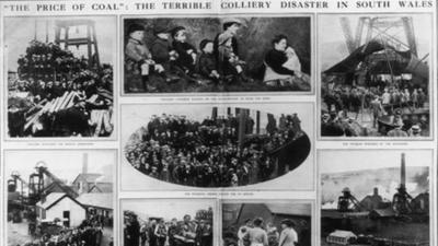 A double-page newspaper spread, reporting on Britain's worst-ever mining disaster in Senghenydd