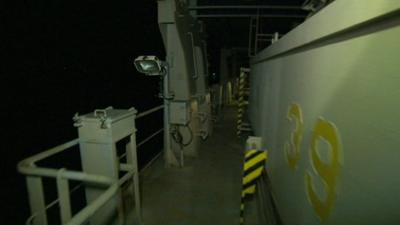 The deck of a container ship