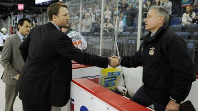 Steelers boss Doug Christiansen congratulates coach Paul Adey after the Giants defeated the Sheffield side 4-2 in the league