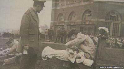 Soldiers being treated outside Birmingham University in WWI