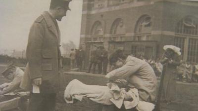 Soldiers being treated outside Birmingham University in WWI