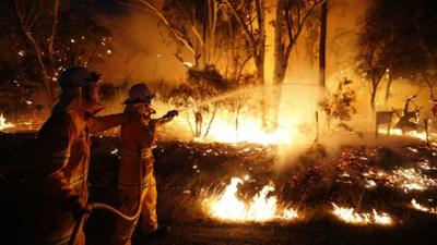 Fire fighters try to control a bushfire in Sydney, Australia.
