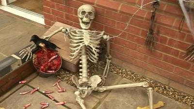 Skeleton outside the Stevenage house decorated for Halloween