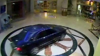 One of the gang's cars reverses into the Wafi City Mall in Dubai as the other enters