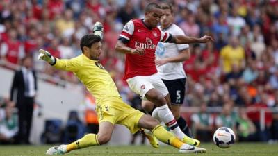 Hugo Lloris tackles Theo Walcott