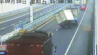 Truck swerving on a motorway