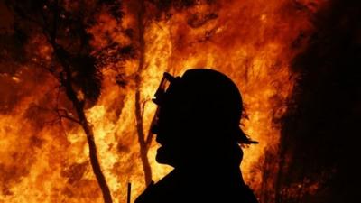 firefighter gives instructions near a bushfire at the Windsor Downs Nature Reserve, near Sydney