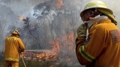 Firefighters battle bushfires in the Blue Mountains, west of Sydney