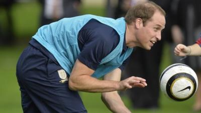 Prince William, Duke of Cambridge trains with players in the grounds of Buckingham Palace to mark the Football Association"s 150th anniversary,