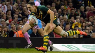 Australia's Billy Slater scores a try