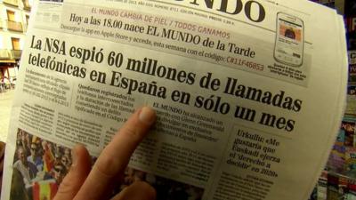 A copy of the Spanish newspaper "El Mundo", reporting on the US-Europe spy claims