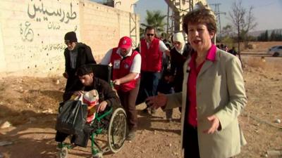The BBC's Lyse Doucet watches as the last few citizens of the besieged Damascus suburb of Muadhamiya are taken to safety