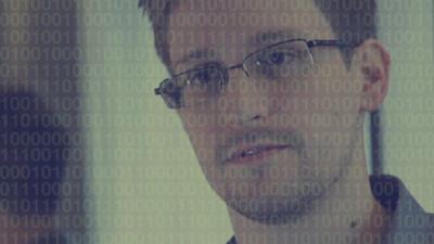 Edward Snowden during interview with data illustration