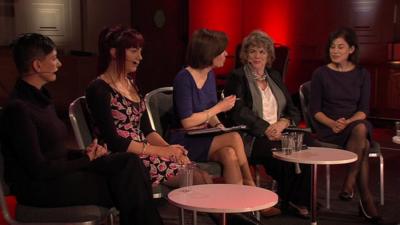 From L-R: Anna Arrowsmith, Paris Lees, Jane Hill (BBC), Ann Leslie, Natasha Walter