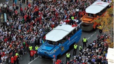 Duck boats in the Boston Red Sox Parade