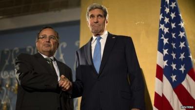 US Secretary of State John Kerry shakes hands with Egypt"s Foreign Minister Nabil Fahmy