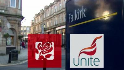 The Labour party logo and the Unite logo on a town sign for Falkirk