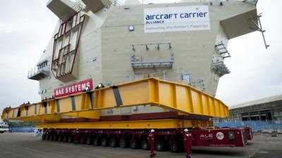 The 750 tonne aft island of the Royal Navy's Queen Elizabeth class aircraft carrier, at the BAE Systems factory in Scotstoun